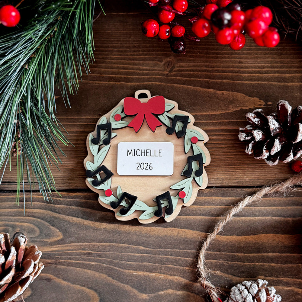Personalized Layered Rustic Musical Wreath Ornament