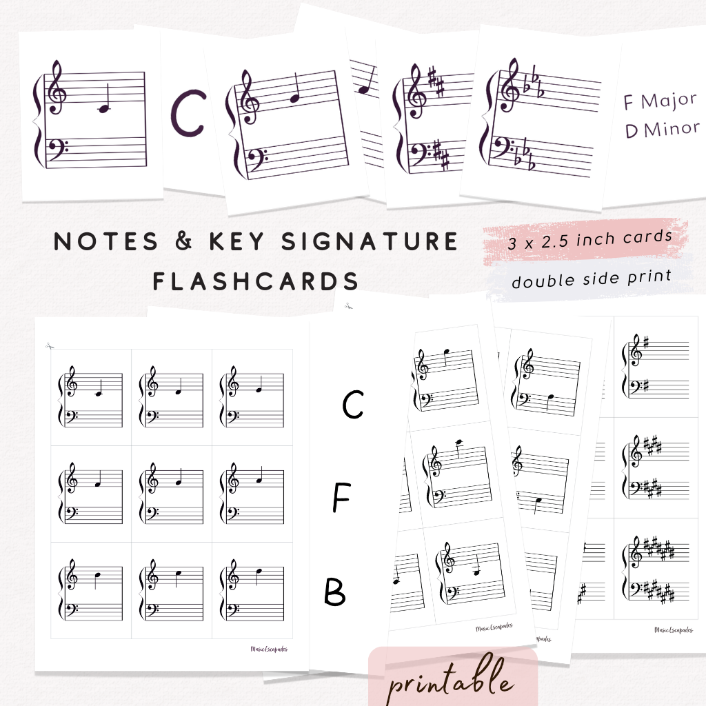 Grand Staff Notes & Key Signature Flashcards Printable