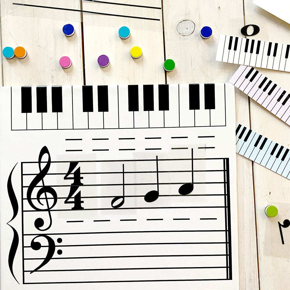 Vertical Piano and Musical Symbols