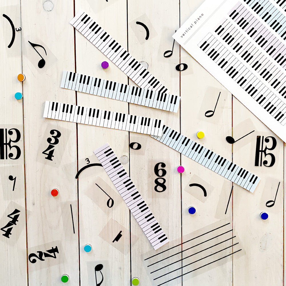 Vertical Piano and Musical Symbols