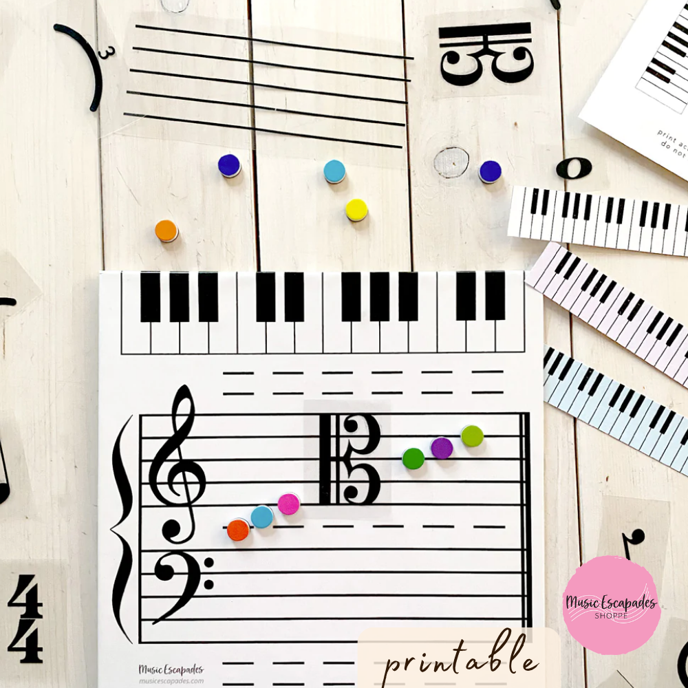 Vertical Piano and Musical Symbols